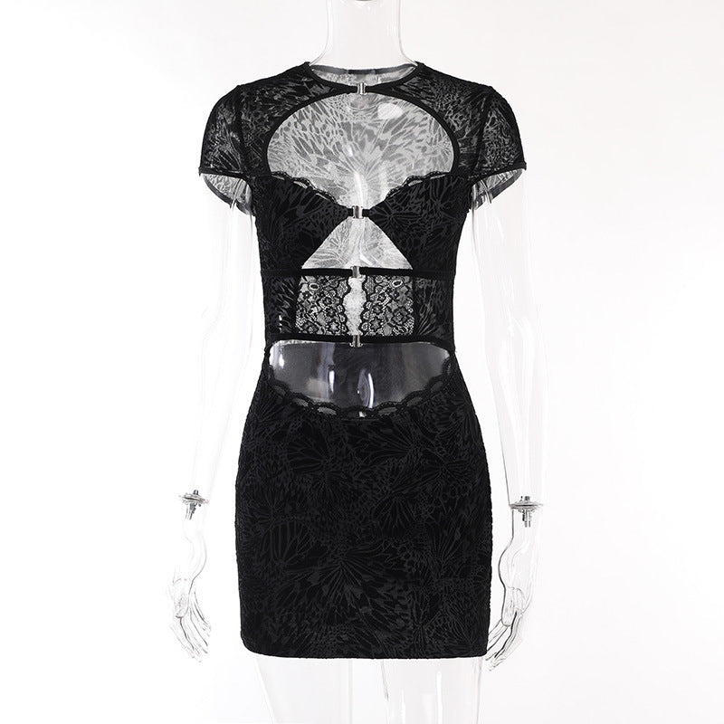 JY23463Autumn New Hot Girl Sexy Slim Hip Short Skirt Fashion Flocking Lace Hollow Dress Women