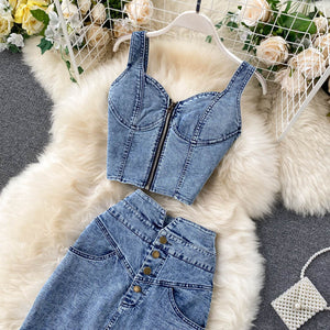 Hong Kong StyleinsWomen's suit2020New Women's Sexy Short Camisole High Waist Denim Skirt Fashion