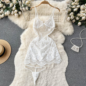 Summer New Pure Hot Girl Strap Lace Embroidery Hollow Sexy Spaghetti-Strap Ruffle Dress Fashion