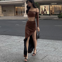 Load image into Gallery viewer, YL23449Autumn New Faux Leather Pleated Suit Irregular Sexy Top Temperament Slim Fit Slit Skirt Women