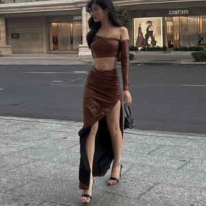 YL23449Autumn New Faux Leather Pleated Suit Irregular Sexy Top Temperament Slim Fit Slit Skirt Women