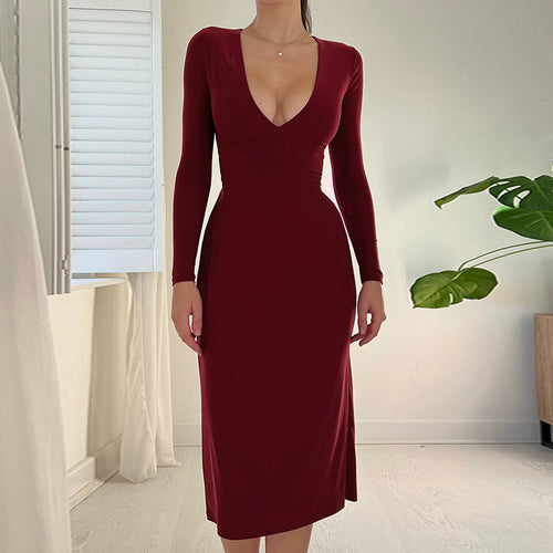 YY22424Slimming long sleevesvCollar Tied Dress European and American Sexy Slim Fit Solid Color Fashion Trendy Hot Girl Dress