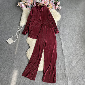 2023New European and American StyleinsFashionable Candy-Colored Loose Folding Shirt+Elastic Trousers Suit Weight540g