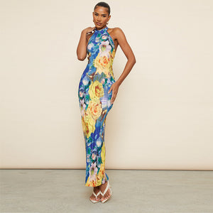 L23DS103European and American Women's Summer New Casual Printed Sleeveless Slim Backless Mesh Halter Long Dress