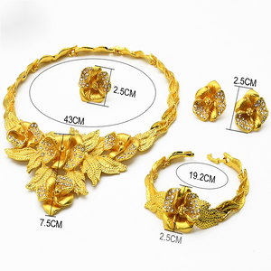 Dubai 24K Gold Accessories African Bridal Jewelry Set Saudi Women Necklace Bracelet Earrings Four-Piece Ring Set