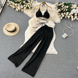 Straight Loose High Waist Slimming All-Match Mop Wide-Leg Trousers Lace-up Halterneck Short Top Two-Piece Hot Girl Suit