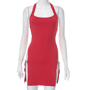 Q23DS324European and American Style2023Summer New Solid Color Backless Hollow-out Halter Sexy Hot Girl Tight Dress