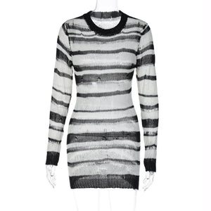 Sexy Knitted Sweater Hip Skirt2023Autumn Europe and America Cross Border Women's New Long Sleeve Striped Dress Wholesale