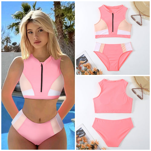 2023New Foreign Trade Amazon European and American Sexy Solid Color High Waist Split Bikini Women's Swimsuit Factory Wholesale
