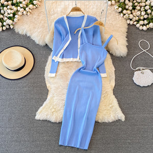 FashionvCollar Long Sleeve Knitted Top Shawl Cardigan Two-Piece Suit Mid-Length Tight Elastic Hip Dress