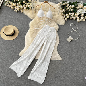 Straight Loose High Waist Slimming All-Match Mop Wide-Leg Trousers Lace-up Halterneck Short Top Two-Piece Hot Girl Suit