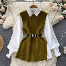 Load image into Gallery viewer, Light Luxury Socialite Suit Women&#39;s Loose Long Sleeve White Shirt Top+Slit Knitted Vest Jacket Two-Piece Set0.4kg