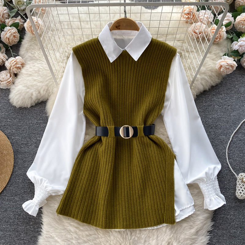 Light Luxury Socialite Suit Women's Loose Long Sleeve White Shirt Top+Slit Knitted Vest Jacket Two-Piece Set0.4kg