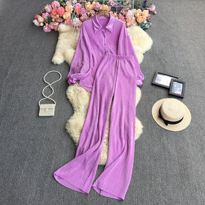 2023New European and American StyleinsFashionable Candy-Colored Loose Folding Shirt+Elastic Trousers Suit Weight540g