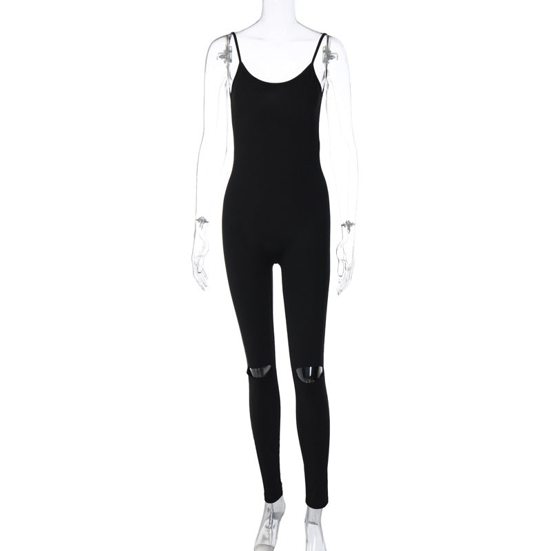 European And American-Style2023Summer Women's Amazon New Fashion Hollowed-out Sling Backless Tight Sports Jumpsuit Wholesale