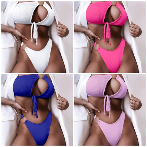 2023New Foreign Trade Cross-Border Amazon European and American Sexy Solid Color High Waist Split Bikini Swimsuit Factory Wholesale