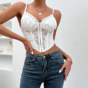 Summer New SimpleinsSexy High-Grade Lace Pleated Wooden Ear Breasted Fishbone VestK0178