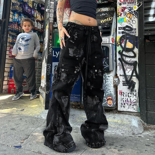 American Street Functional Dark Style Pocket Dirty Overalls Low Waist Elastic Band Loose Street Style Denim Trousers