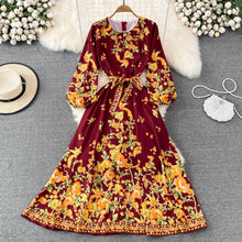 Load image into Gallery viewer, Spring and Autumn High-Grade round Neck Bubble Long Sleeve Waist Positioning PrintingaWord Dress Elegant Swing Long Dress