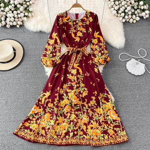 Spring and Autumn High-Grade round Neck Bubble Long Sleeve Waist Positioning PrintingaWord Dress Elegant Swing Long Dress