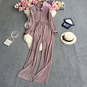 2023New European and American StyleinsFashionable Candy-Colored Loose Folding Shirt+Elastic Trousers Suit Weight540g