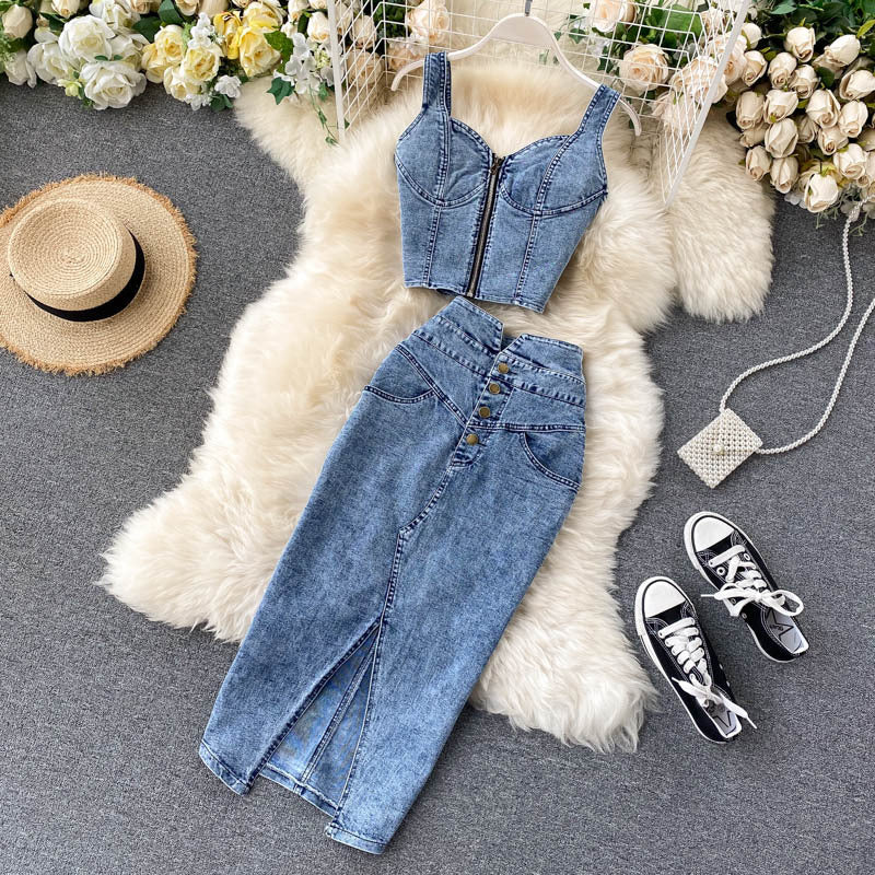 Hong Kong StyleinsWomen's suit2020New Women's Sexy Short Camisole High Waist Denim Skirt Fashion