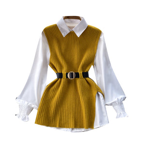 Light Luxury Socialite Suit Women's Loose Long Sleeve White Shirt Top+Slit Knitted Vest Jacket Two-Piece Set0.4kg