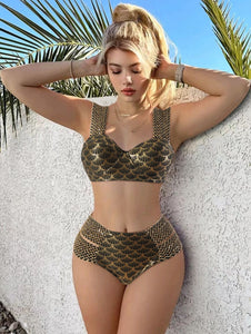 2023New Foreign Trade Amazon European and American Sexy Bronzing High Waist Split Bikini Women's Swimsuit Factory Wholesale