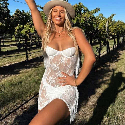 Aliexpress Hot Selling New Women's Sexy Lace Backless European and American Style Stitching Tassel Dress Women's One-Piece Delivery