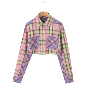 Wholesale2023Amoi Women's Clothing European and American Style Long Sleeve Pocket Decoration Loose Brushed Plaid Shirt