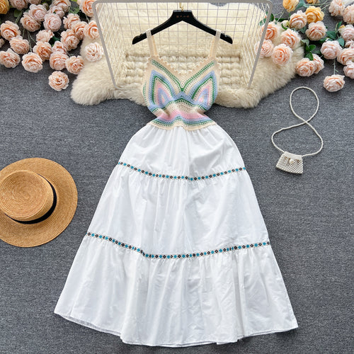 Seaside Vacation Style Hollow-out Crocheted Knitted Splicing Sling Dress Women's Summer Waist-Tight Temperamental Fairy Mori Long Dress