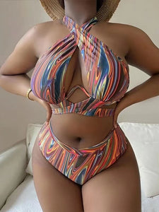 2023New Cross-Border Amazon European and American Sexy plus Size Printing Split High Waist Bikini Swimsuit Factory Wholesale