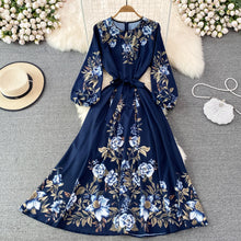 Load image into Gallery viewer, Spring and Autumn High-Grade round Neck Bubble Long Sleeve Waist Positioning PrintingaWord Dress Elegant Swing Long Dress