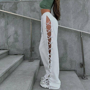 WY23078Summer2023New European and American Style Street All-Match Slim-Fit Side Slit Lace-up Cutout Wide-Leg Pants