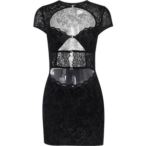 JY23463Autumn New Hot Girl Sexy Slim Hip Short Skirt Fashion Flocking Lace Hollow Dress Women