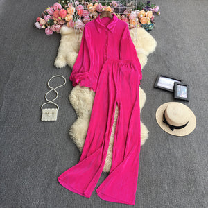 2023New European and American StyleinsFashionable Candy-Colored Loose Folding Shirt+Elastic Trousers Suit Weight540g