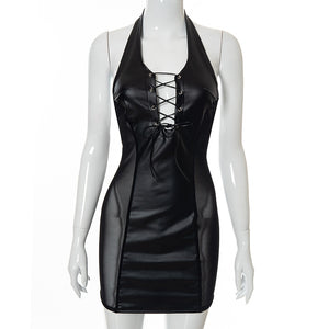 M21DS505 European And American-Style Women's Clothing2021Autumn New Sexy Halter Mesh StitchingPULeather Tight Dress