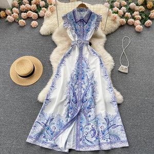 Court Style Retro High-End Dress for Women Summer Lace-up Waist-Controlled SlimmingPoloCollar Single-Breasted Shirtdress