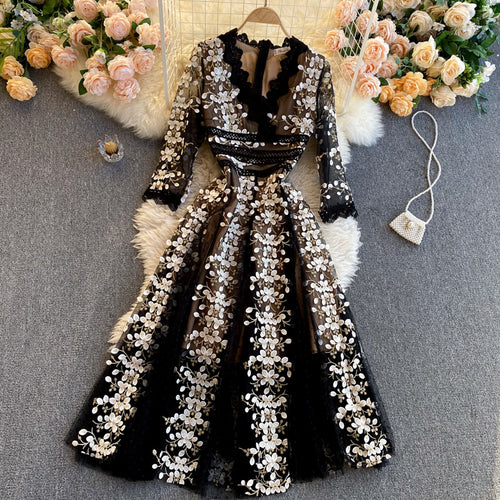 Party Banquet Skirt2022New Lady Socialite Temperament Exquisite Embroidered Flowers Half Sleeve High-End Dress Women