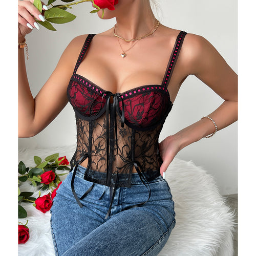Cross-Border European and American Style Newy2kHot Girl Sexy Burgundy Lace Stitching Tied Steel Ring Fishbone Small SlingW0011