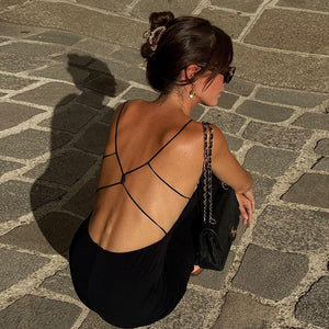 YY23245Summer2023New European and American Vacation Style Hot Girl Sexy Slim Fit Backless Ring Strap Dress