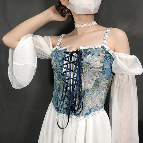 Autumn and Winter Women's Clothing French Retro Oil Painting Jacquard Embroidered Strap Vest Fishbone Corset Flounce Trim Lace up Corset