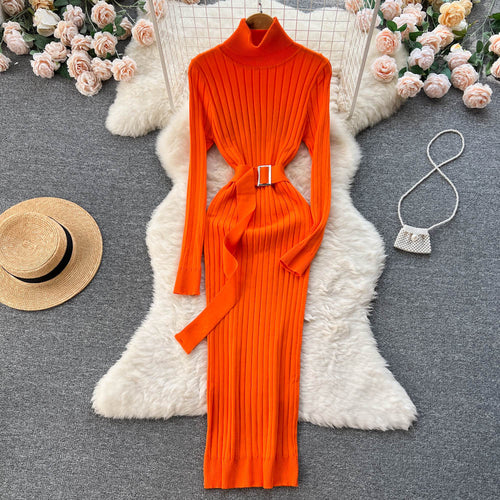 European and American Style Half Turtleneck Knitted Dress Fall Women's Clothing French Retro Waist-Controlled Slim Fit Sheath Dress