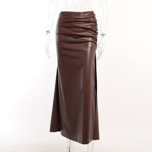 YL23449Autumn New Faux Leather Pleated Suit Irregular Sexy Top Temperament Slim Fit Slit Skirt Women