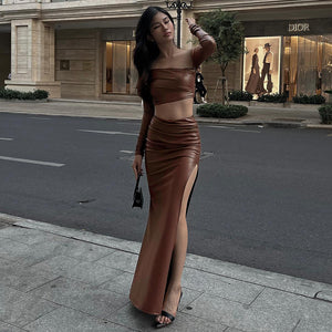 YL23449Autumn New Faux Leather Pleated Suit Irregular Sexy Top Temperament Slim Fit Slit Skirt Women