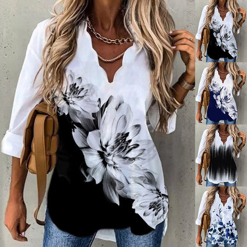 2023Spring and Summer New AmazonTT Shirt European and American Women's Clothing Long Sleeve Ink Printing Fluted CollarTT-shirt Top Women's
