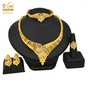 Dubai 24K Gold Accessories African Bridal Jewelry Set Saudi Women Necklace Bracelet Earrings Four-Piece Ring Set