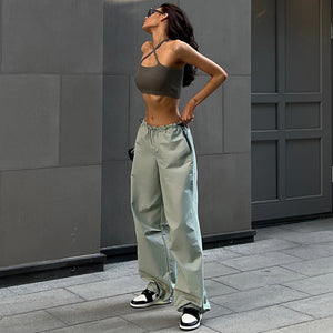 JY22278 European and American Street Fashion Trends Women's Simple Loose Trousers Drawstring Waist Casual Working Pants