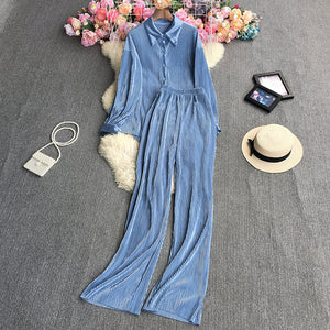 2023New European and American StyleinsFashionable Candy-Colored Loose Folding Shirt+Elastic Trousers Suit Weight540g