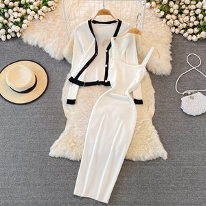 FashionvCollar Long Sleeve Knitted Top Shawl Cardigan Two-Piece Suit Mid-Length Tight Elastic Hip Dress